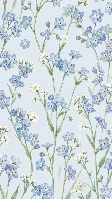 Delicate watercolor forget-me-nots and tiny white buds arranged on a pale soft blue background