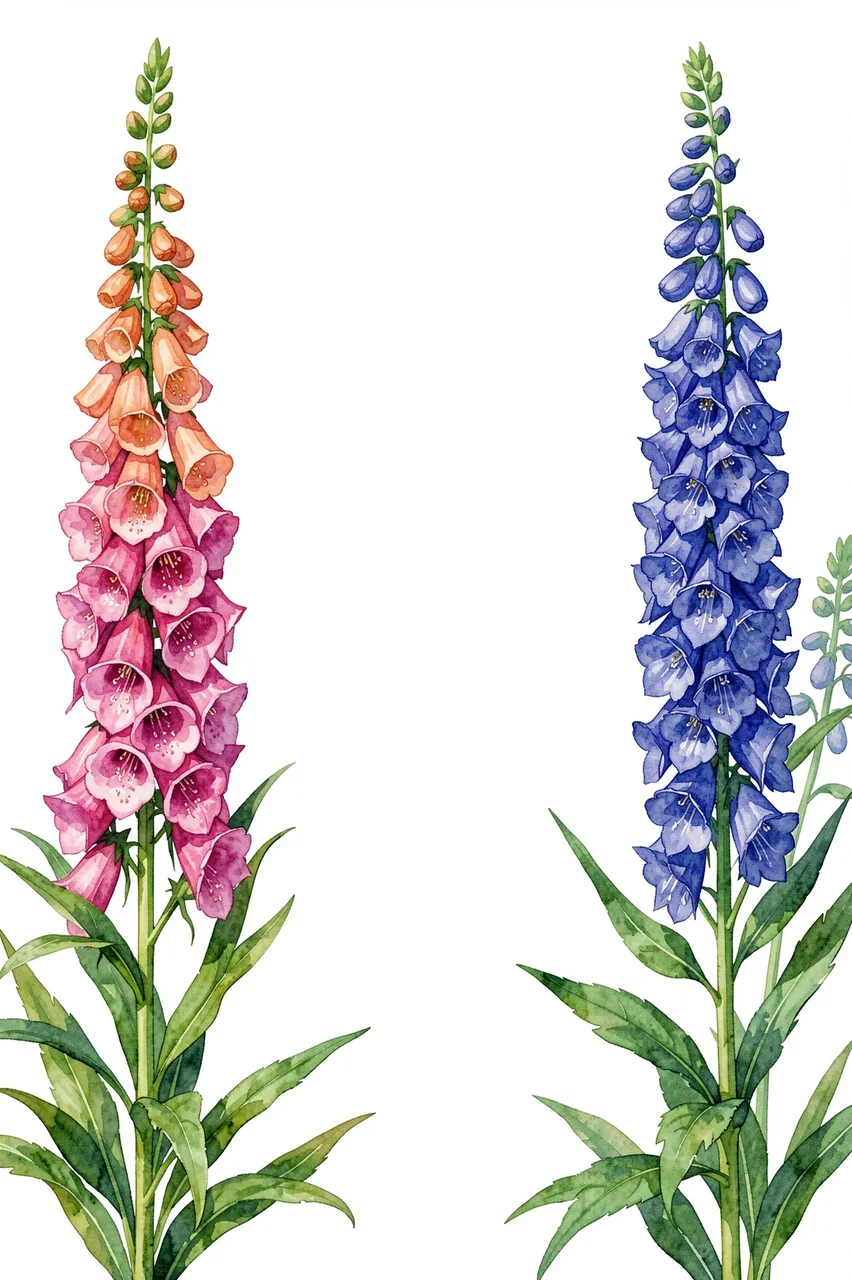 Tall watercolor foxglove and delphinium flower stalks frame empty white central space on a plain background
