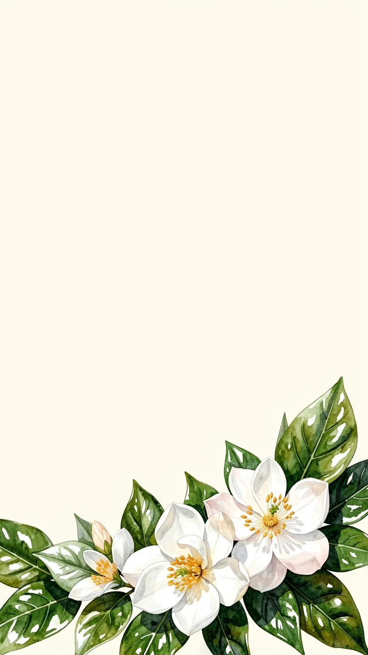 Watercolor illustration of white gardenias and glossy green leaves clustered at the bottom of a pale ivory vertical frame