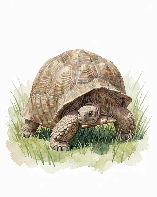 A watercolor painting of a giant tortoise standing on soft green grass against white paper