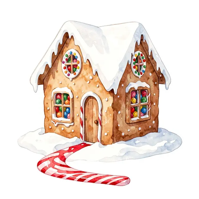 A watercolor illustration of a gingerbread house with snowy icing, candy windows, and a peppermint path on a plain white