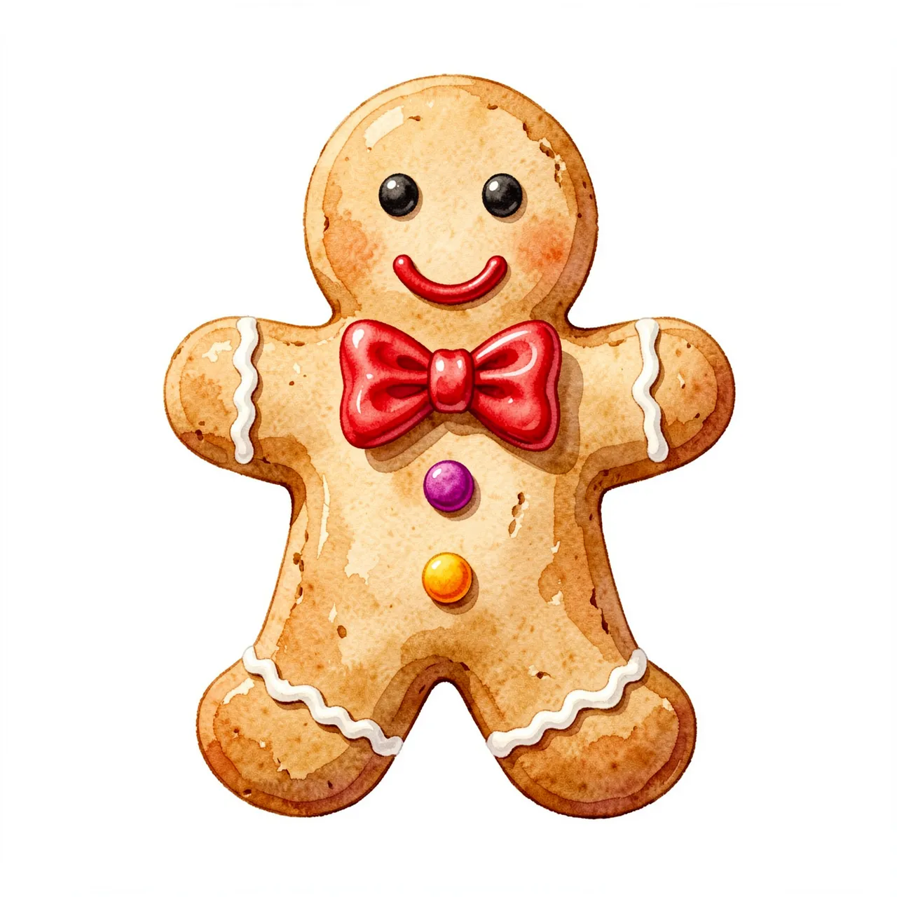 A watercolor illustration of a smiling gingerbread man with a red bow tie and candy buttons on a plain white background