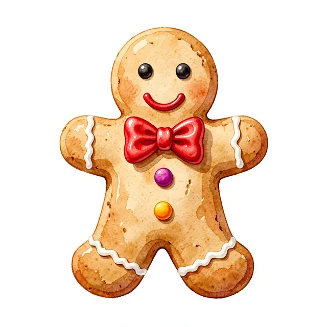A watercolor illustration of a smiling gingerbread man with a red bow tie and candy buttons on a plain white background