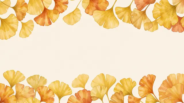 Butter yellow and orange watercolor ginkgo leaves frame the top and bottom of a soft cream background