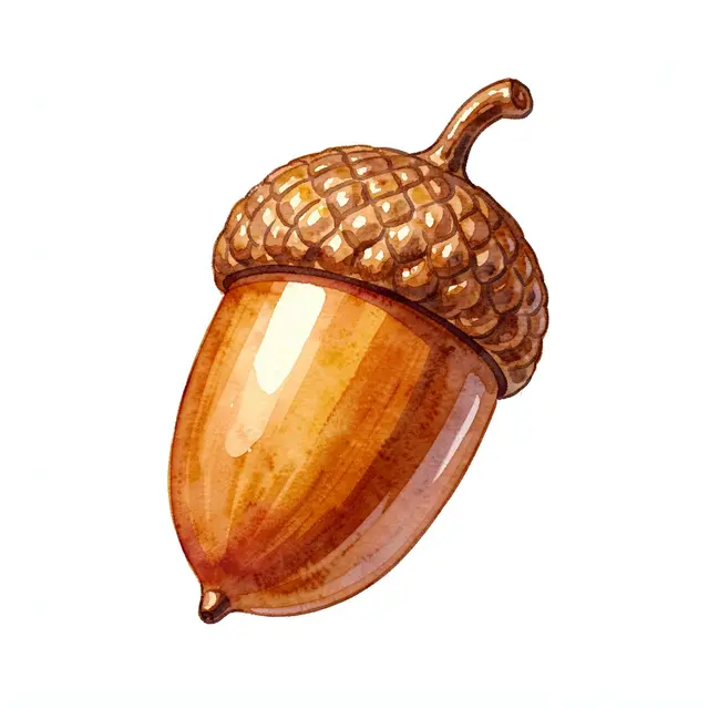 A single watercolor illustration of a glossy acorn with a scaly brown cap on a plain white background