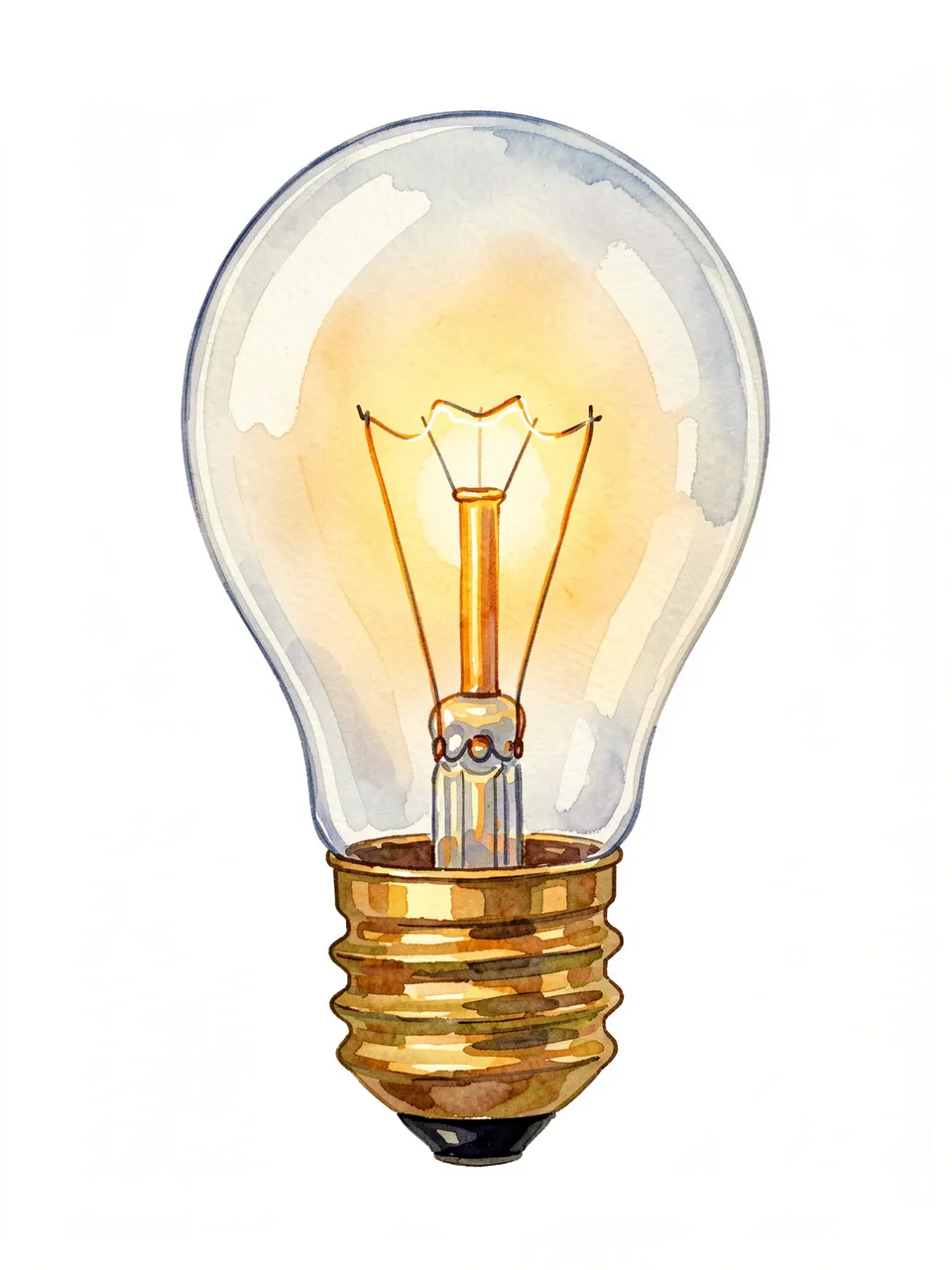 Watercolor illustration of a clear incandescent light bulb with a glowing amber filament and brass base on a white background