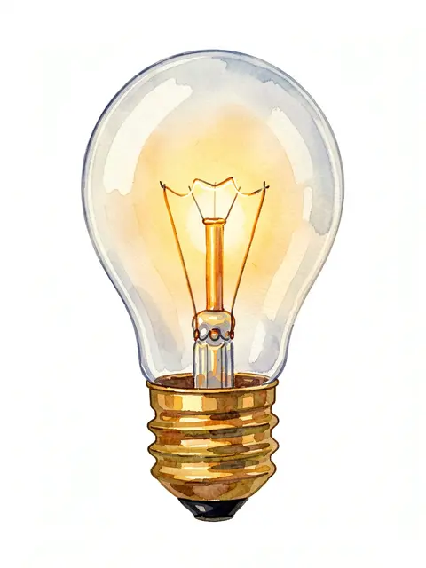 Watercolor illustration of a clear incandescent light bulb with a glowing amber filament and brass base on a white background