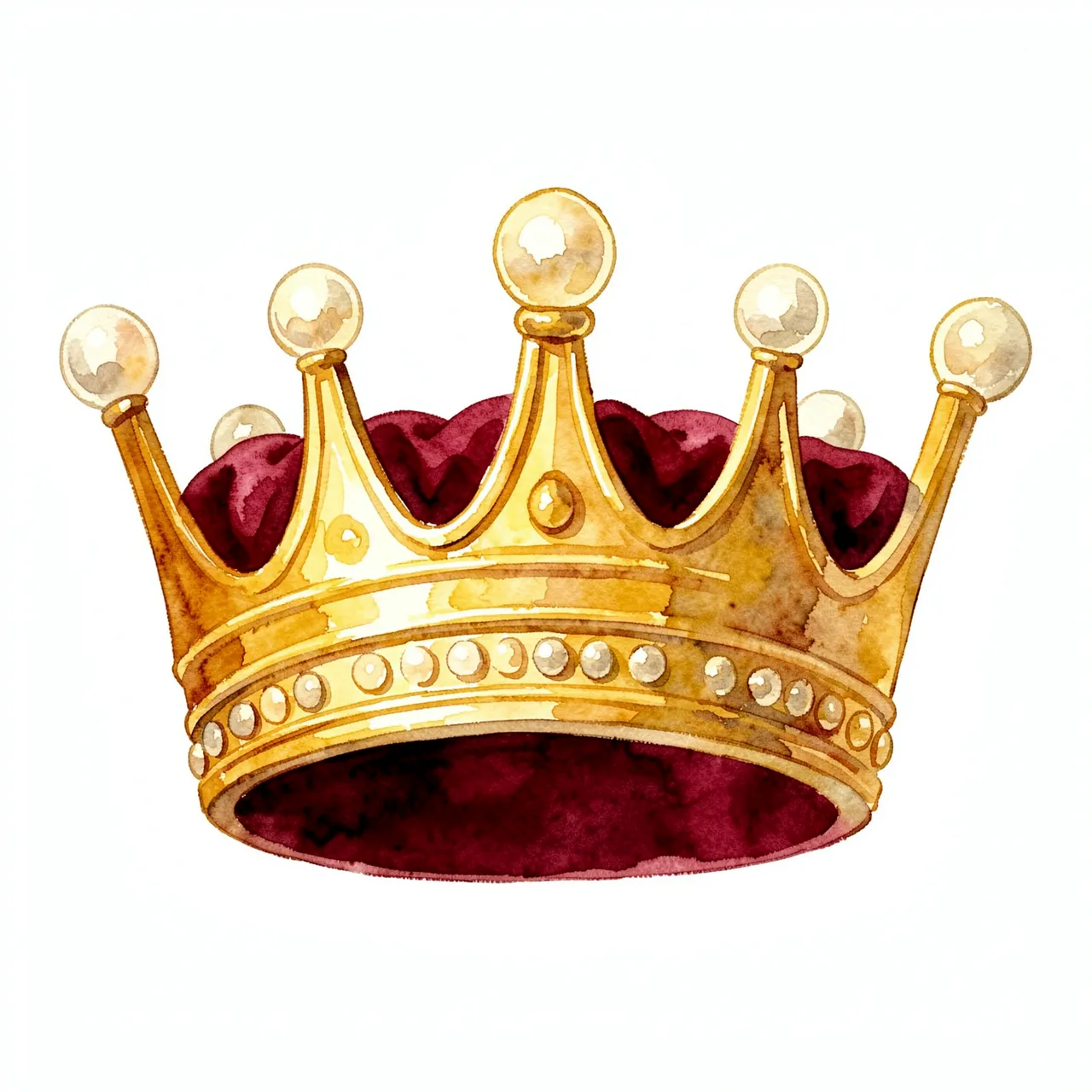A watercolor illustration of a gold crown with pearl accents and deep red velvet lining on a plain white background