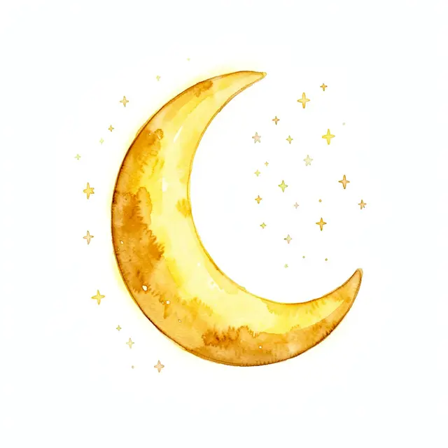 A glowing golden watercolor crescent moon surrounded by tiny scattered stars on a plain white background