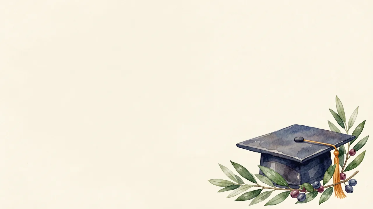 Watercolor illustration of a graduation cap and olive branches in the lower right on empty cream space