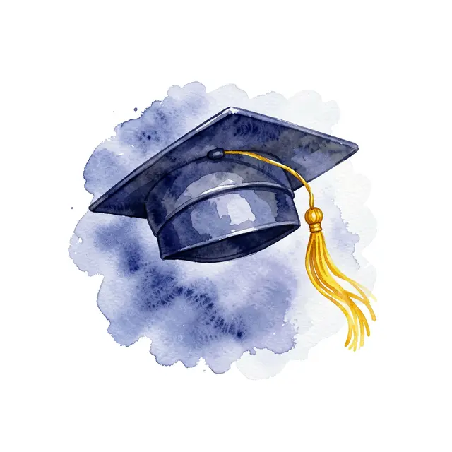 Tilted navy graduation cap with a flowing yellow tassel set against soft indigo watercolor washes on a white background