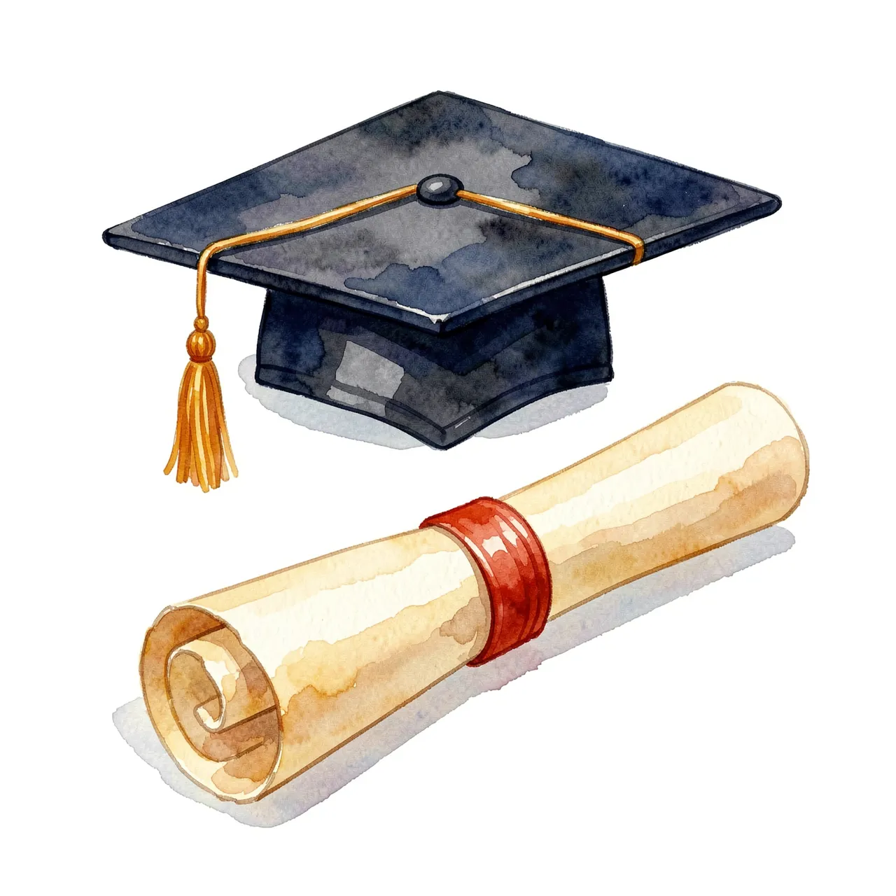 A watercolor illustration of a black graduation cap and a rolled diploma scroll on a plain white background