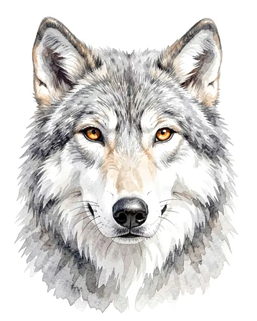 A detailed watercolor portrait of a gray wolf with warm amber eyes against a plain white background.