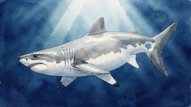 A watercolor great white shark glides through deep blue water with soft light rays from above