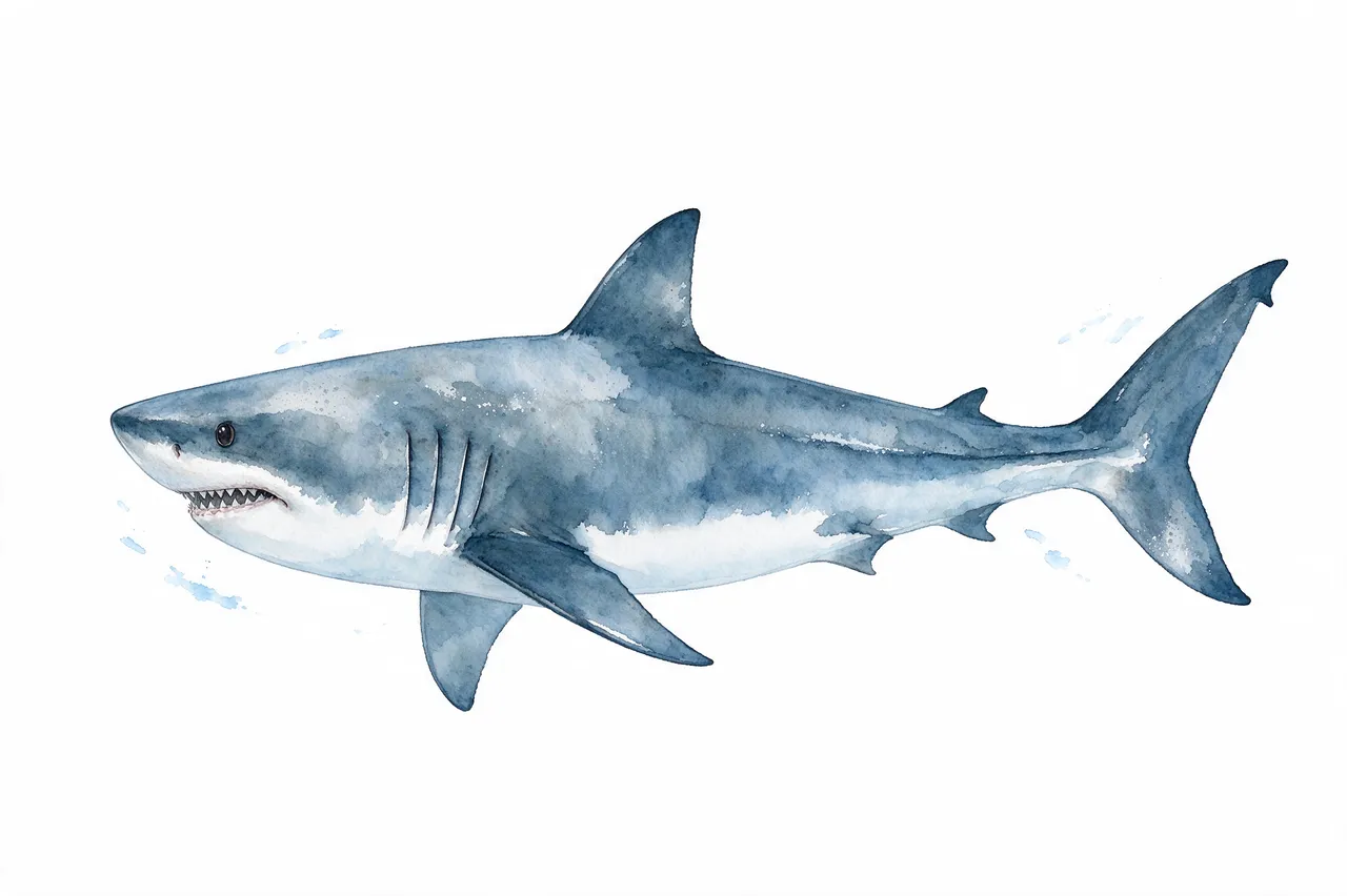Side profile watercolor illustration of a great white shark against a plain white background