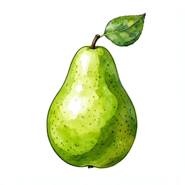 A watercolor illustration of a ripe green pear with one leaf attached to its stem on a plain white background
