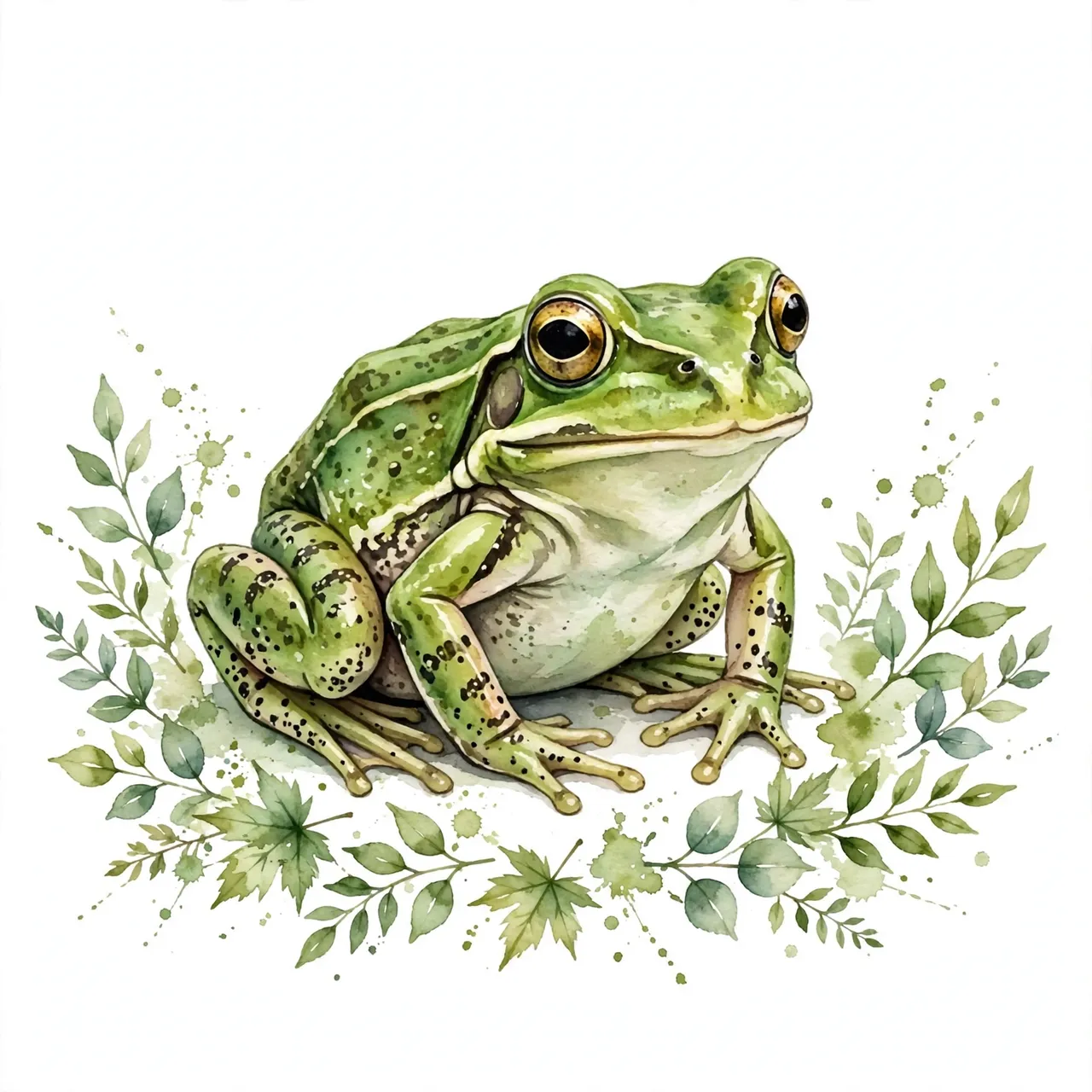 A crouching speckled green frog illustrated in loose watercolor washes surrounded by delicate leaf sprigs on an off-white