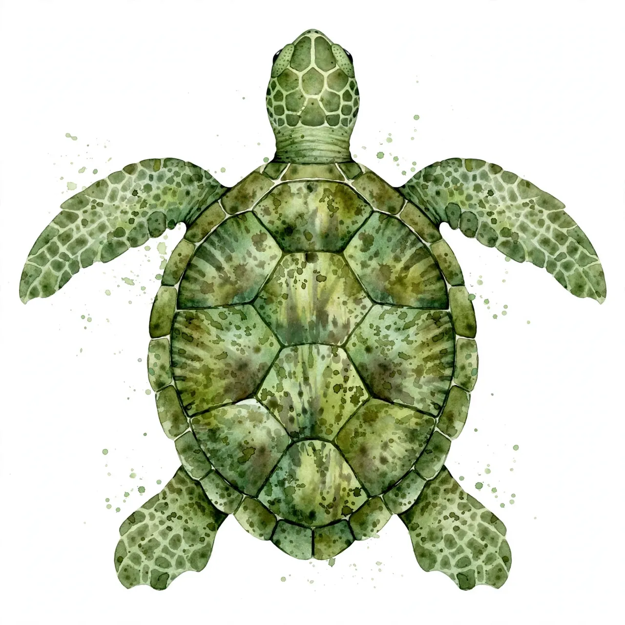Top-down watercolor illustration of a green sea turtle with a mottled patterned shell on a plain white background