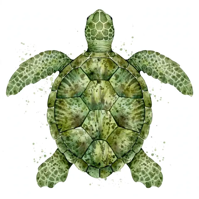 Top-down watercolor illustration of a green sea turtle with a mottled patterned shell on a plain white background
