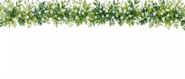 A continuous horizontal watercolor strip of green foliage and tiny white flowers runs across the top of an empty white