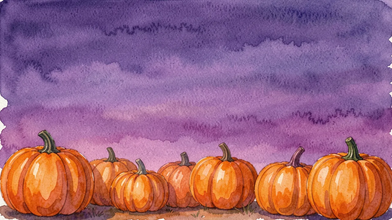 Row of orange pumpkins along the bottom against a blended purple watercolor dusk sky with empty upper copy space