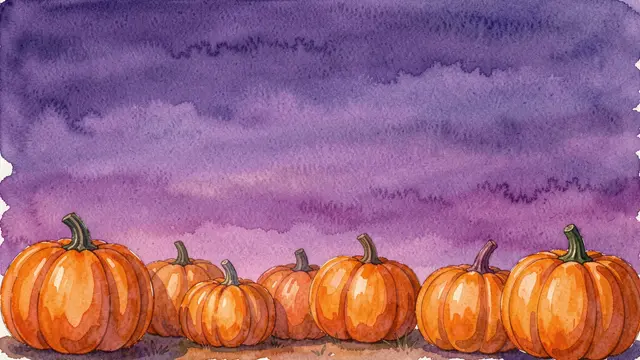 Row of orange pumpkins along the bottom against a blended purple watercolor dusk sky with empty upper copy space