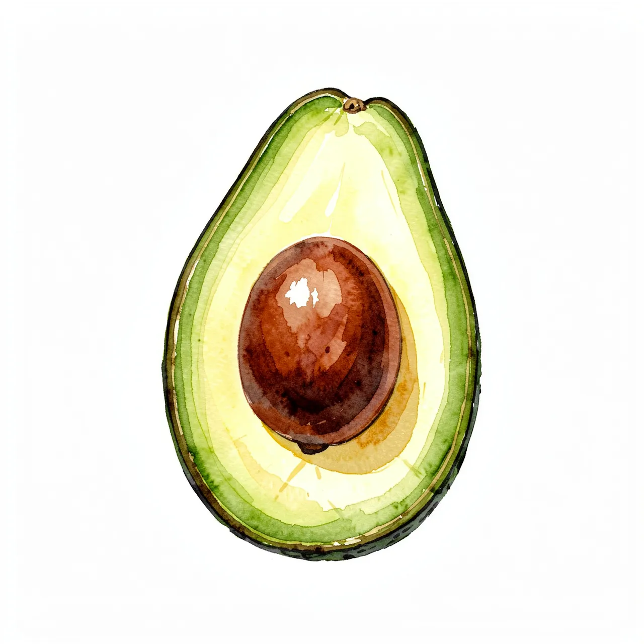 A watercolor illustration of a halved avocado with its central pit resting on a plain white background