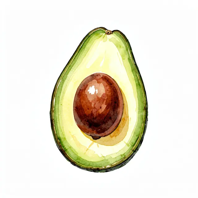 A watercolor illustration of a halved avocado with its central pit resting on a plain white background