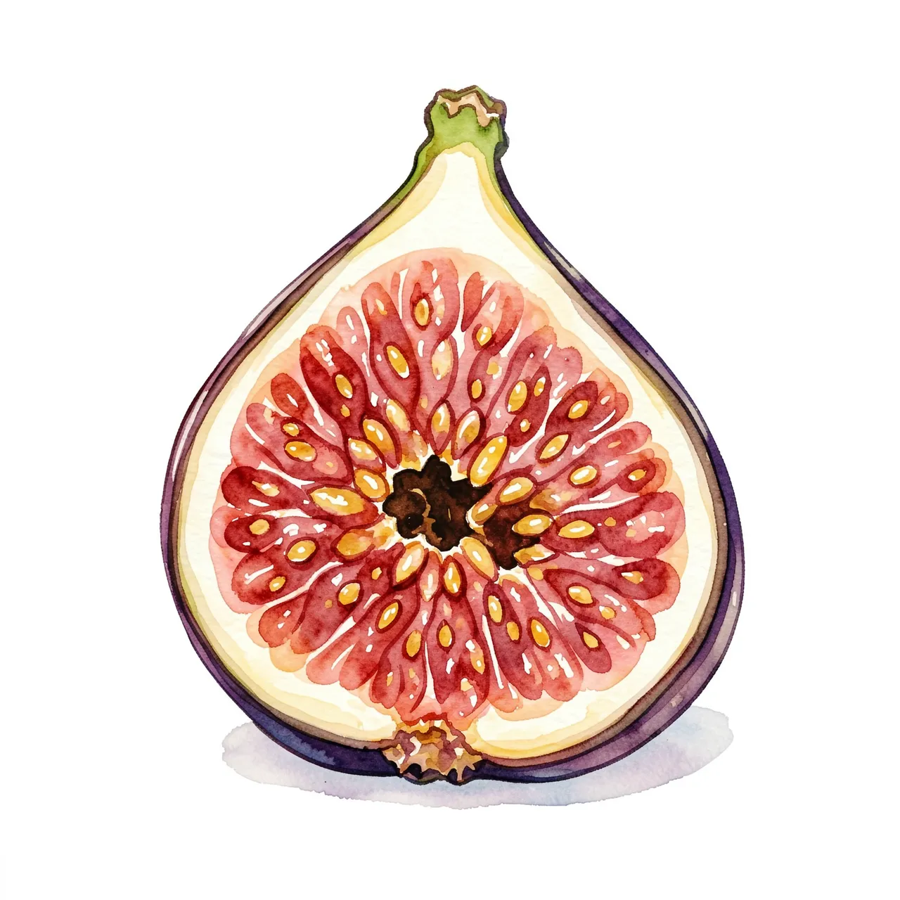 A detailed watercolor illustration of a halved fig showing its seed-filled interior on a plain white background