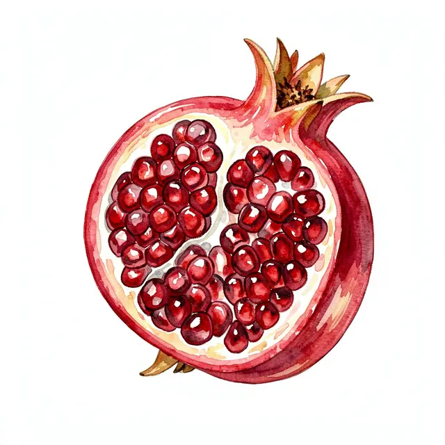 Watercolor illustration of a halved pomegranate with glistening red seeds on a plain white background