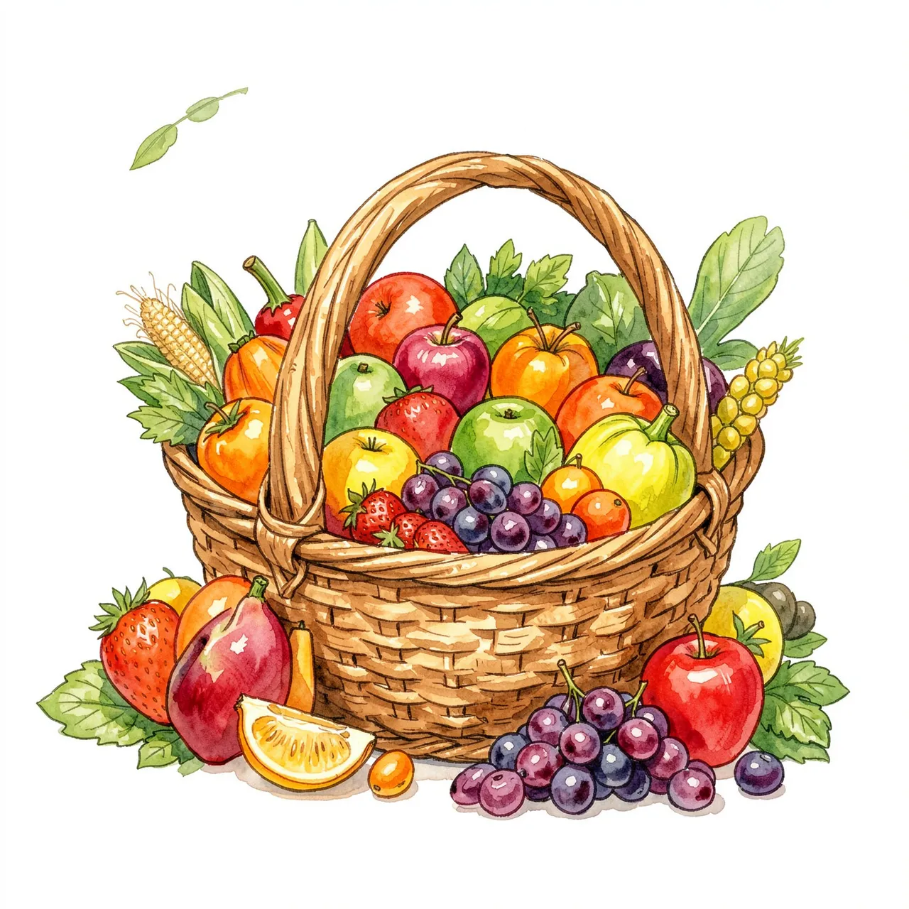 Watercolor illustration of a wicker basket overflowing with assorted fruits and vegetables against a white background