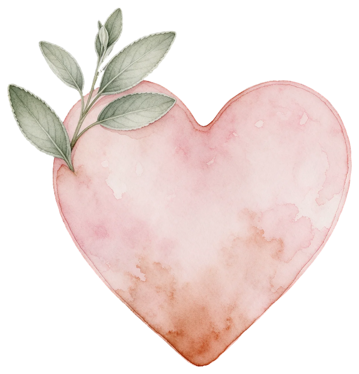 Blush pink watercolor heart fading to terracotta with a sage leaf sprig at its top left