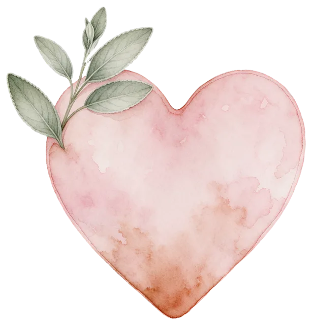 Blush pink watercolor heart fading to terracotta with a sage leaf sprig at its top left