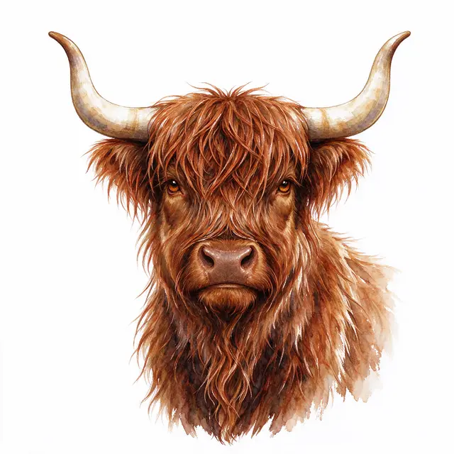 Watercolor illustration of a shaggy russet highland cow head with curved horns on a plain white background