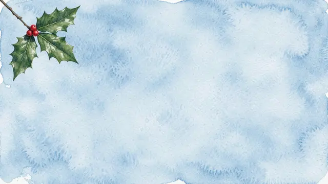 A watercolor holly sprig sits in the top left corner of a soft icy blue background with empty copy space.