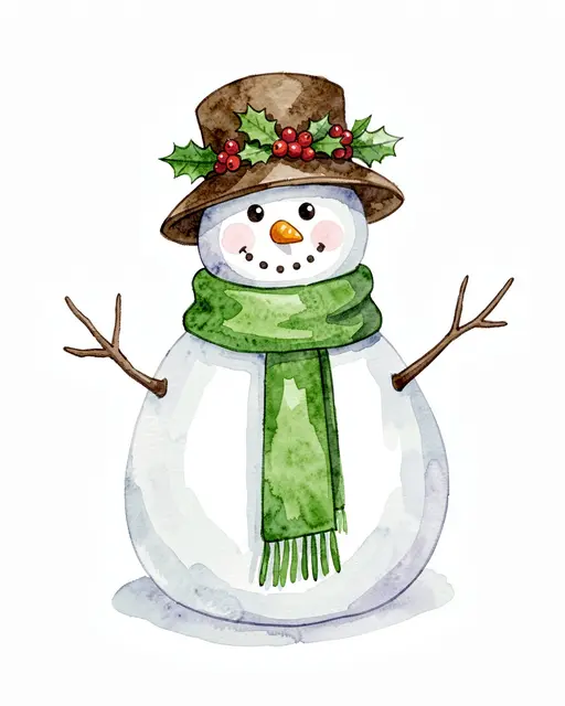 A cheerful watercolor snowman wears a brown holly-trimmed top hat and long green scarf on a white background.