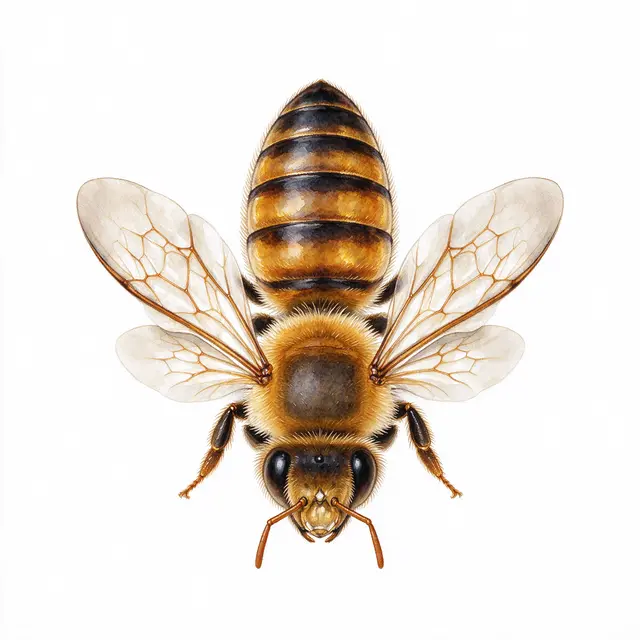 Top-down watercolor illustration of a honey bee with amber bands and translucent wings on a plain white background