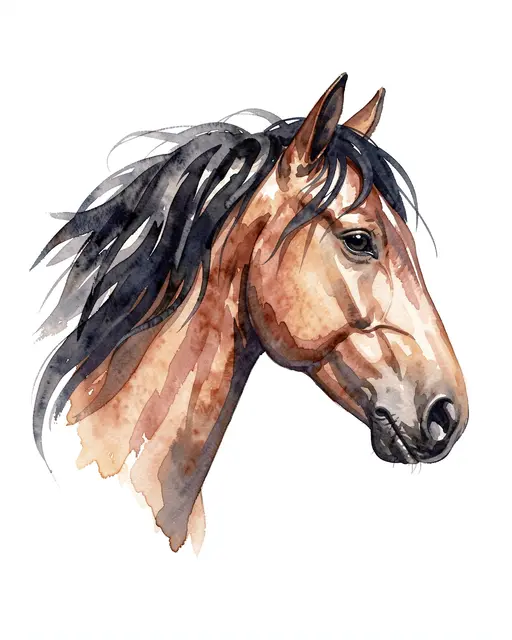 Watercolor painting of a horse head in profile with a flowing dark mane on white paper