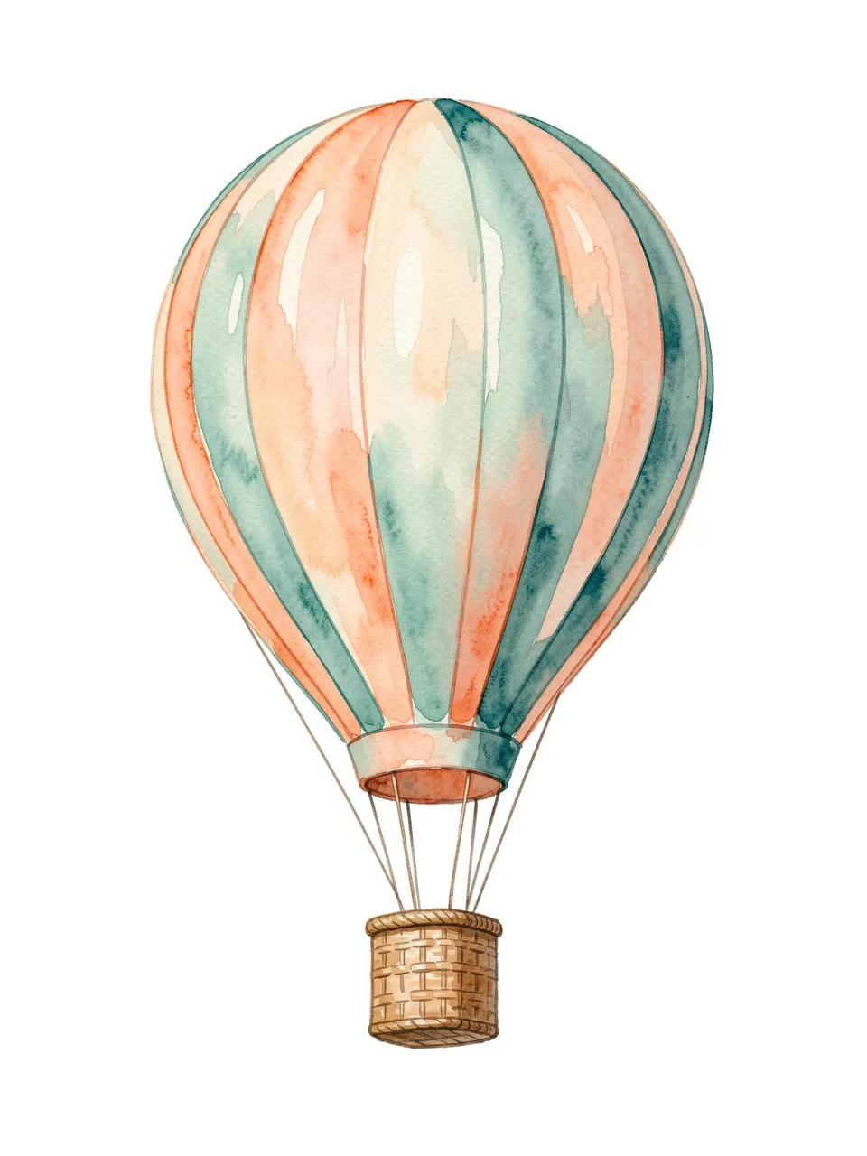 Peach and teal watercolor striped hot air balloon with a wicker basket on a plain white background