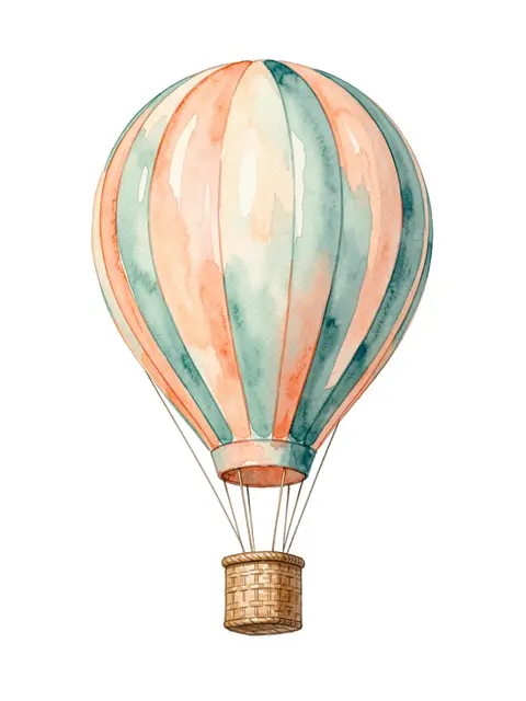 Peach and teal watercolor striped hot air balloon with a wicker basket on a plain white background