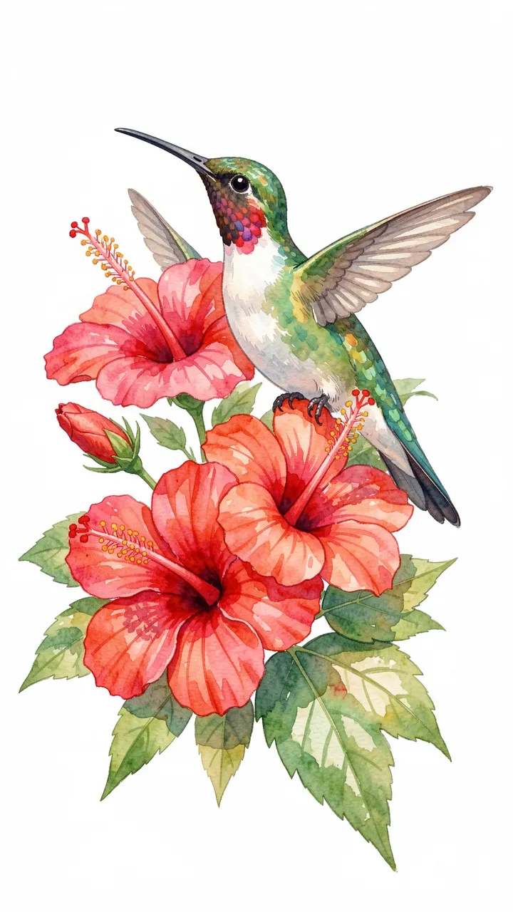 A watercolor hummingbird perched beside vibrant pink and red hibiscus flowers on a plain white background
