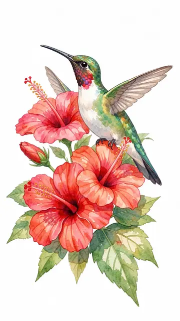 A watercolor hummingbird perched beside vibrant pink and red hibiscus flowers on a plain white background