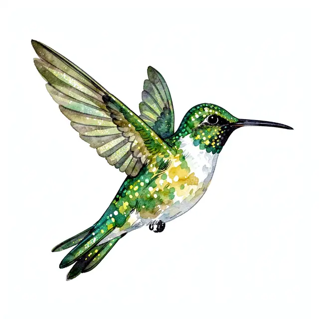 A watercolor illustration of a shimmering green hummingbird flying against a plain white background