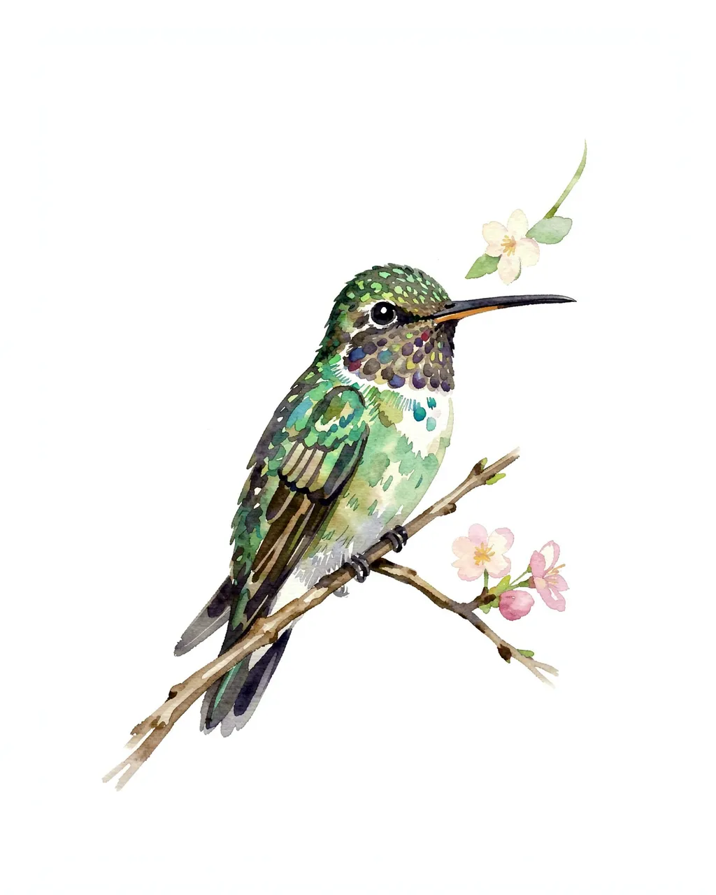 A loose watercolor hummingbird with emerald plumage perched on a slender branch with delicate pink and white blossoms.