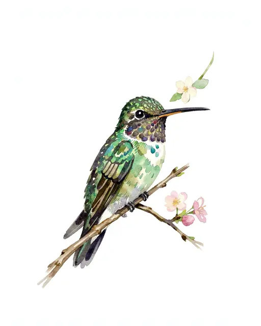 A loose watercolor hummingbird with emerald plumage perched on a slender branch with delicate pink and white blossoms.