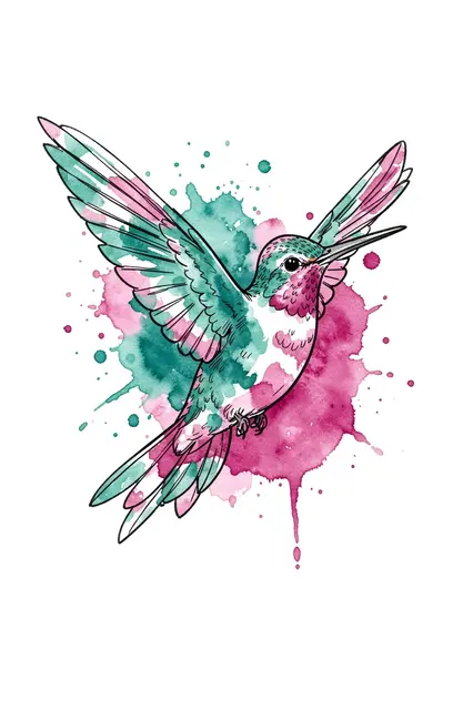 Line art hummingbird in flight over teal and magenta watercolor splashes on white background