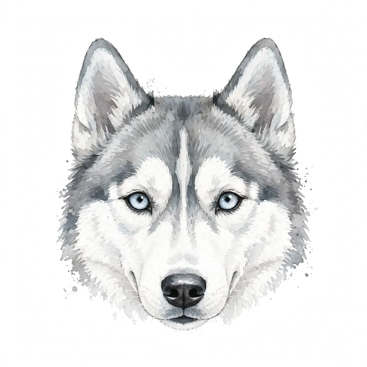 Watercolor illustration of a husky dog head with pale blue eyes on a light background