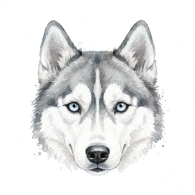 Watercolor illustration of a husky dog head with pale blue eyes on a light background