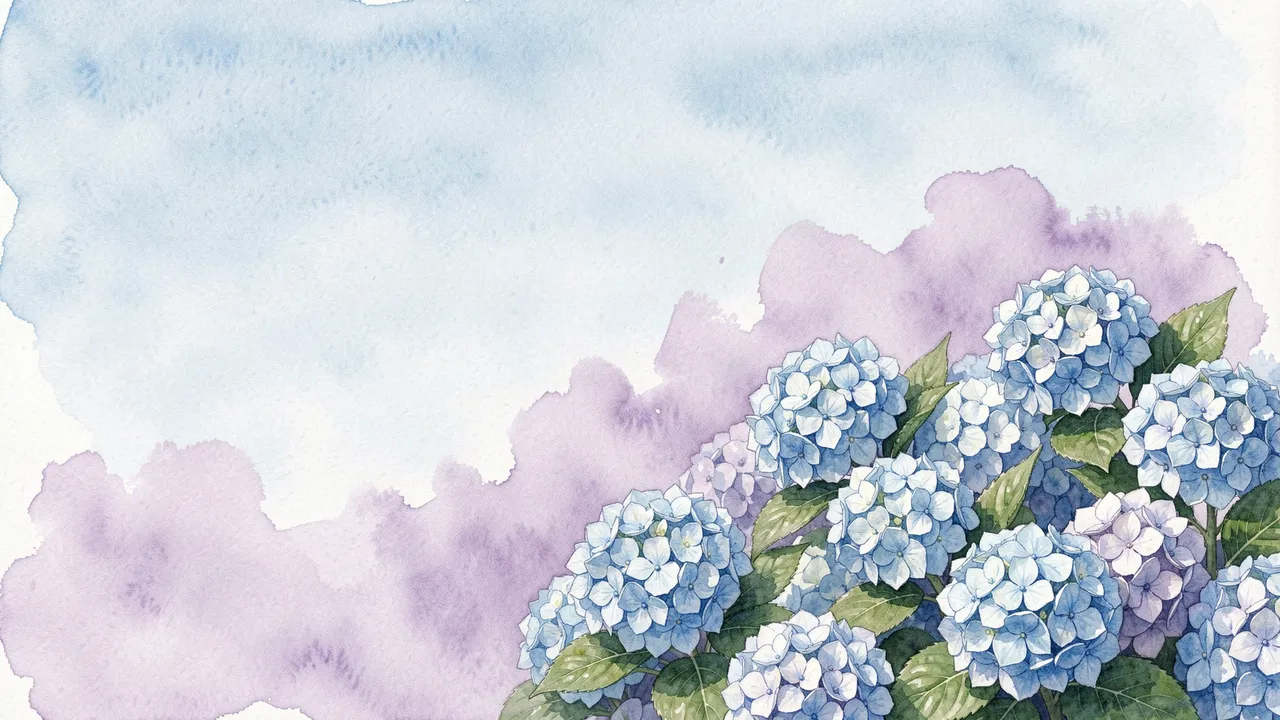 Soft watercolor illustration of blue hydrangea clusters in the lower right with lilac and pale blue wash sky above