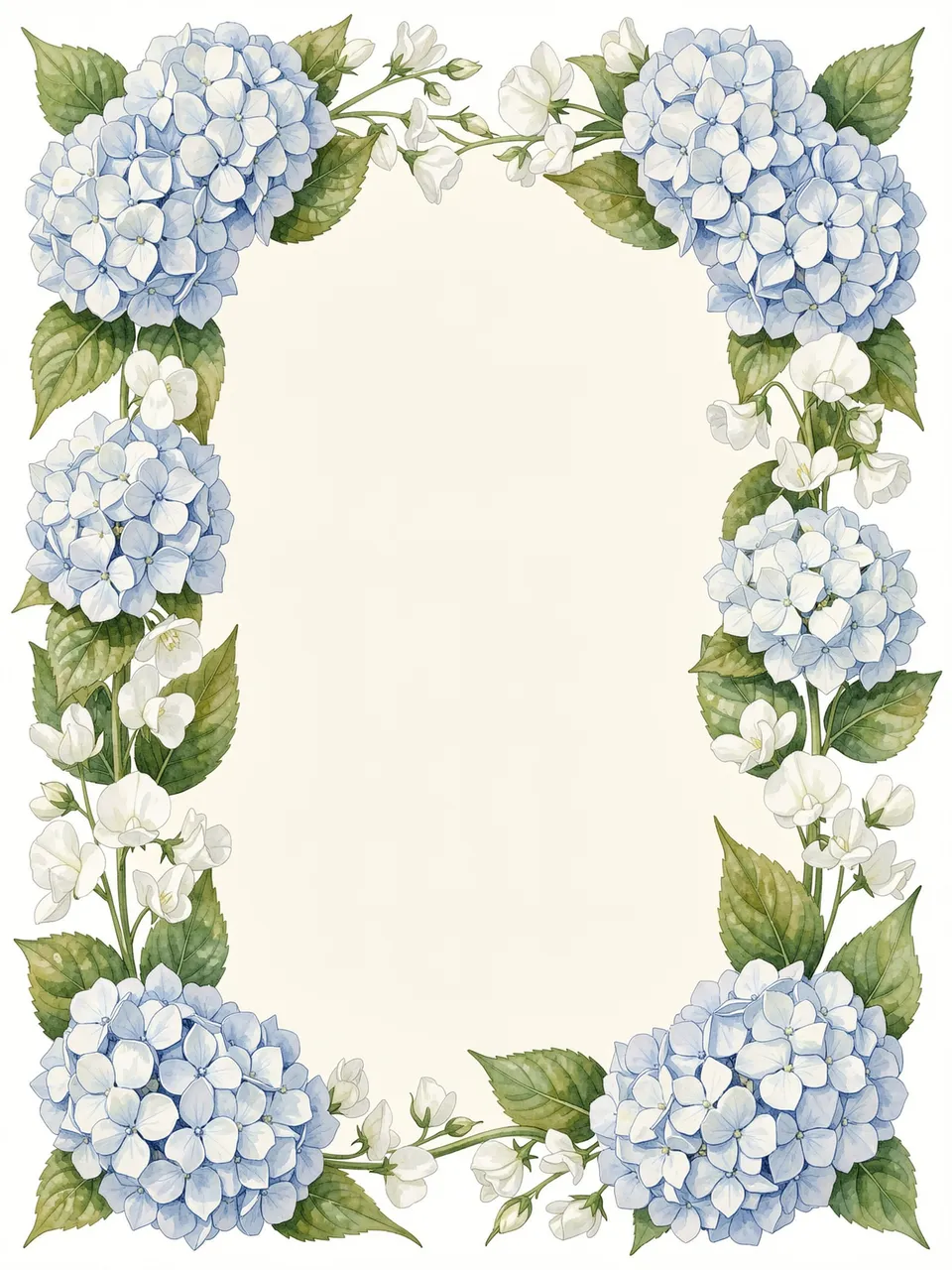 A rectangular watercolor frame of pale blue hydrangeas, white sweet peas and green leaves surrounding a blank ivory center.